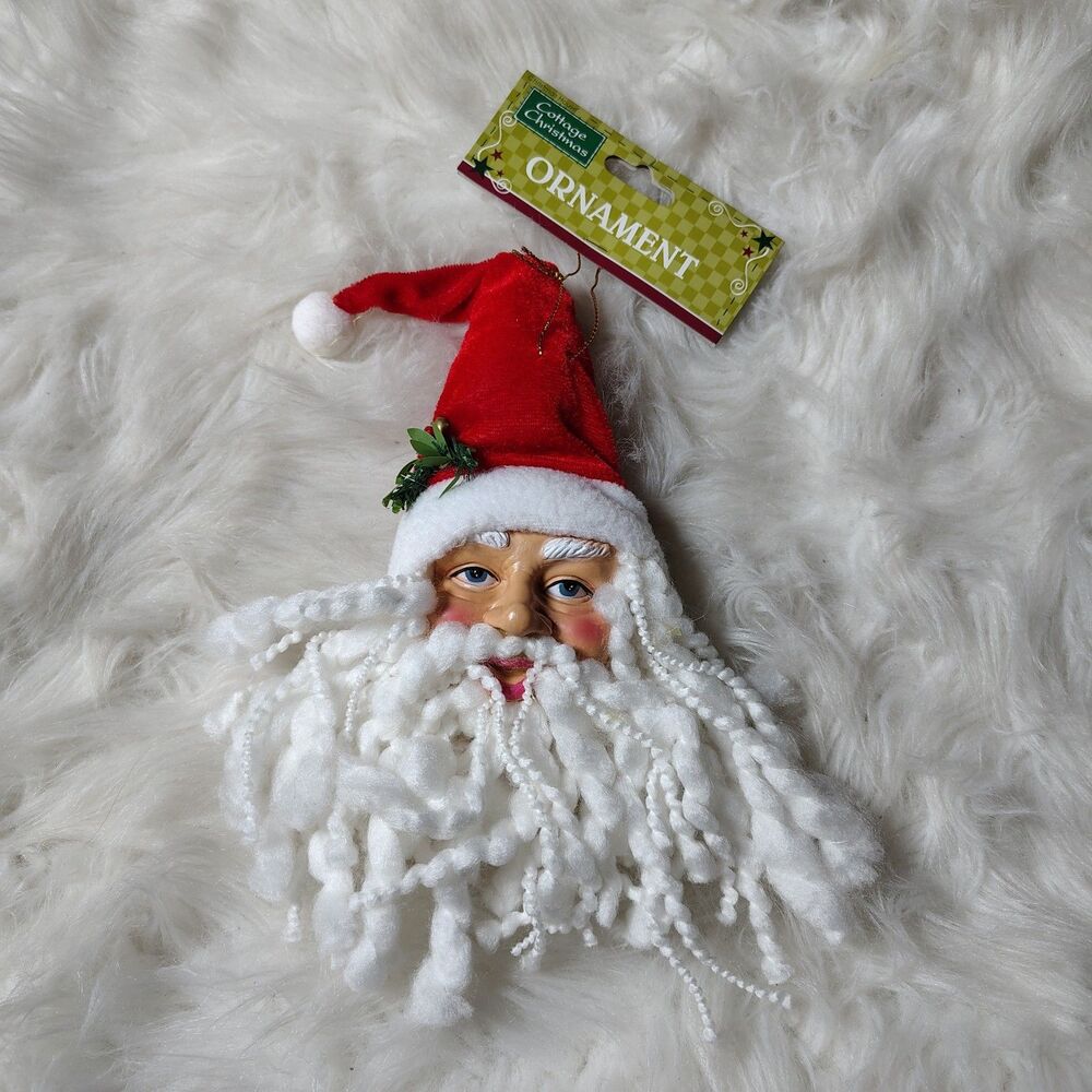 VTG Inspired SANTA CLAUS Hard Plastic Face  White Yarn Beard Ornament Nwts